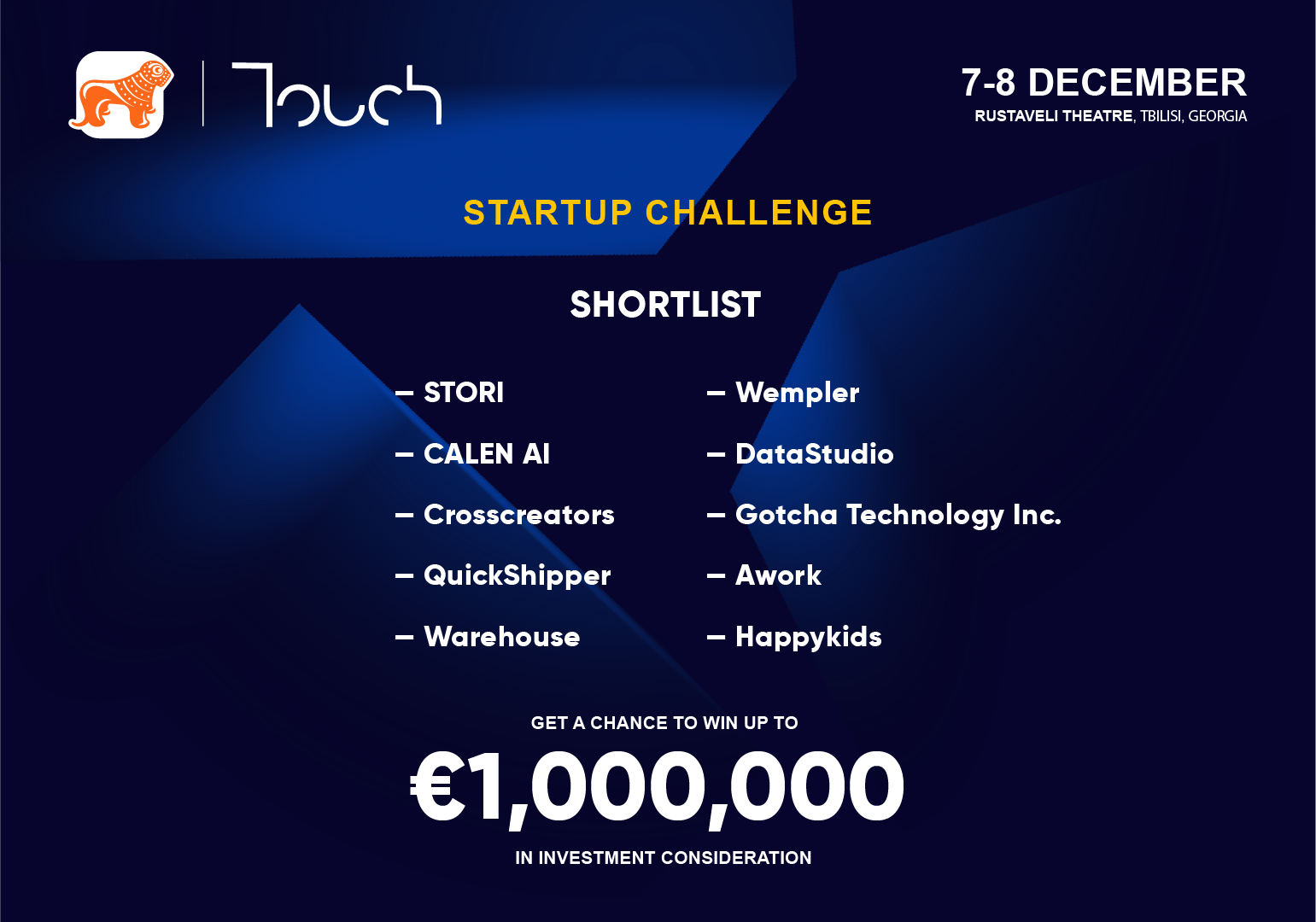 Touch Summit-ის Startup Challenge-ის შორთლისთი ცნობილია – სამიტის გენერალური პარტნიორი საქართველოს ბანკია